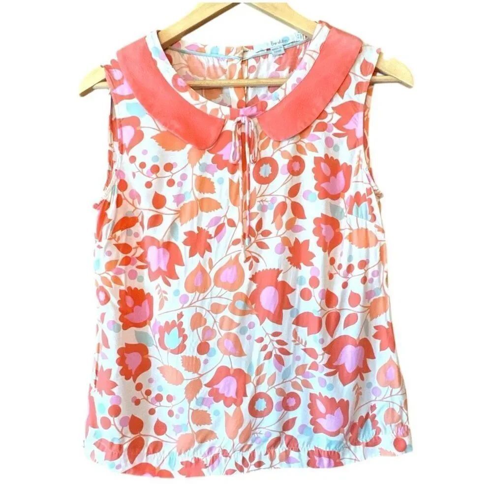 BODEN Silk Blend Floral Peter Pan Collar Sleeveless Top Cottagecore Boho